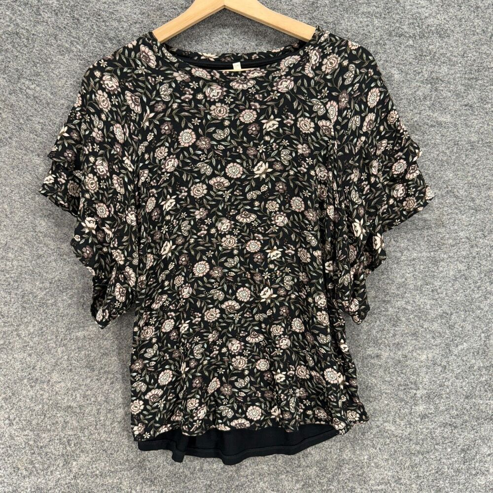 Maurices Blouse Women XS Black Floral Short Sleeve Crew Neck Rayon Casual